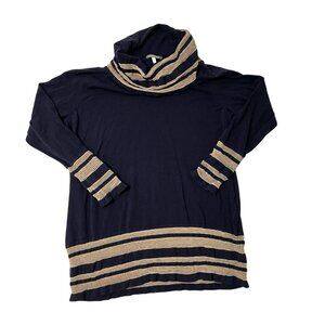 MARINA RINALDI Cowl Neck Stripe Sweater Metallic Blouse Blue Gold size Medium